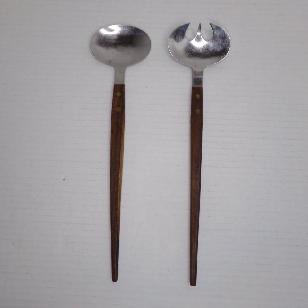 Vintage Wood Stainless Serving Spoon Fork MCM Brown